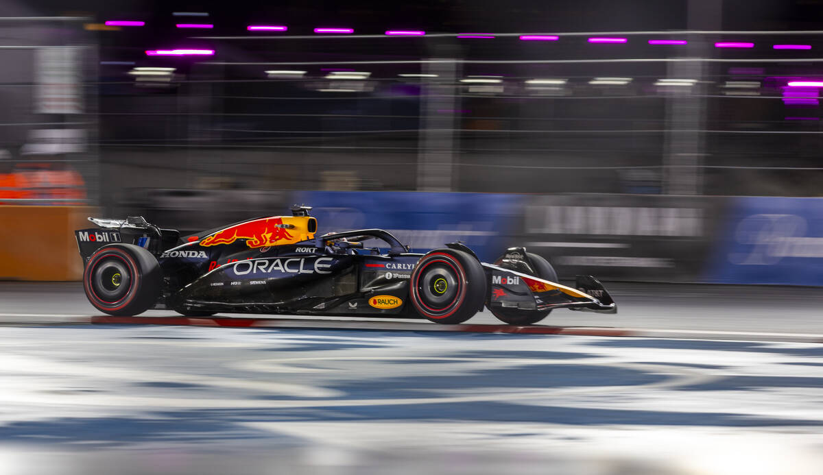 Red Bull driver Max Verstappen rounds turn 1 during practice 3 at the Las Vegas Grand Prix on F ...
