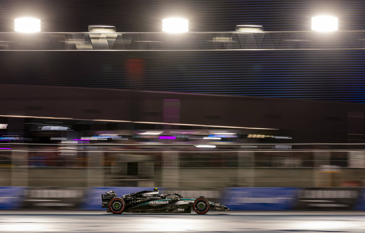 Mercedes driver George Russell rounds turn 1 during practice 3 at the Las Vegas Grand Prix on F ...