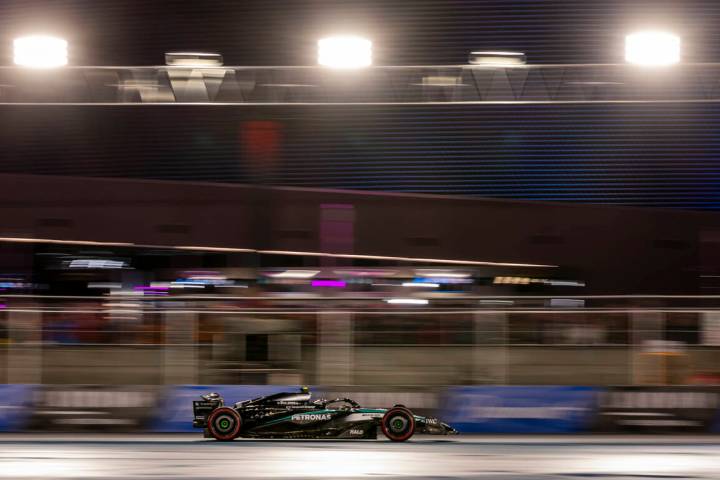 Mercedes driver George Russell rounds turn 1 during practice 3 at the Las Vegas Grand Prix on F ...