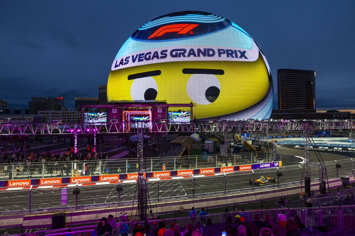 McLaren driver Lando Norris approaches the turns about the Sphere for practice 3 at the Las Veg ...