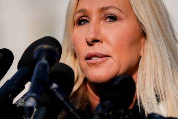 Rep. Marjorie Taylor Greene, R-Ga., speaks during a news conference on the Epstein Files Transp ...