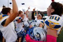 Pahranagat Valley High School players celebrate their 32-6 win against Tonopah during a Class 1 ...
