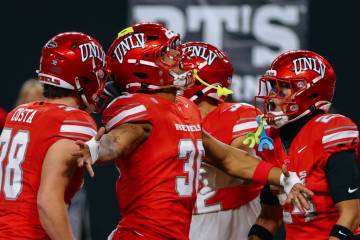 UNLV long snapper Andrew McIlquham (36) celebrates a Rebels stop during the second half of the ...