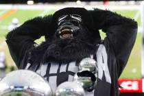 A Raiders fan holds his head in distress as he watches his team's quarterback Geno Smith b ...