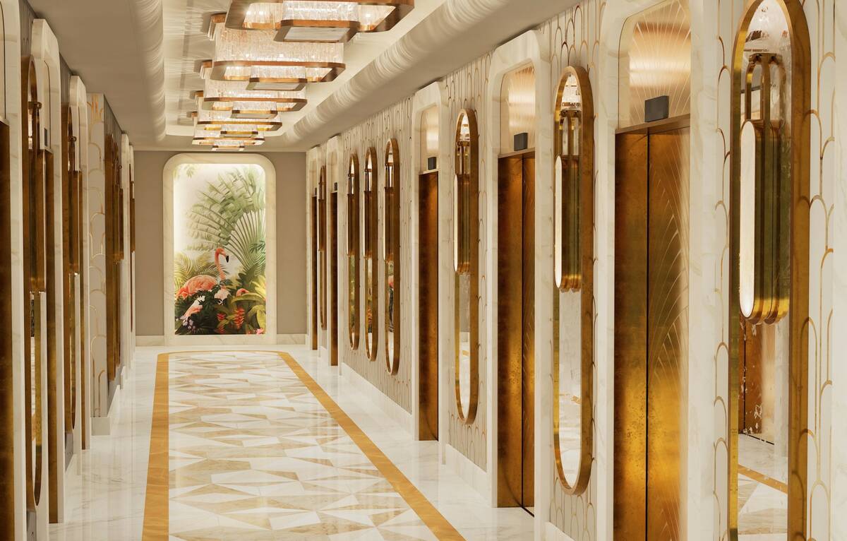 Artistic rendering of a hallway with elevators at Flamingo hotel-casino in Las Vegas. (Allard & ...