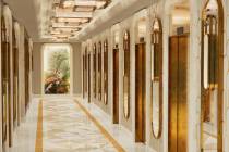 Artistic rendering of a hallway with elevators at Flamingo hotel-casino in Las Vegas. (Allard & ...