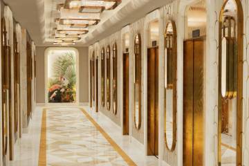 Artistic rendering of a hallway with elevators at Flamingo hotel-casino in Las Vegas. (Allard & ...