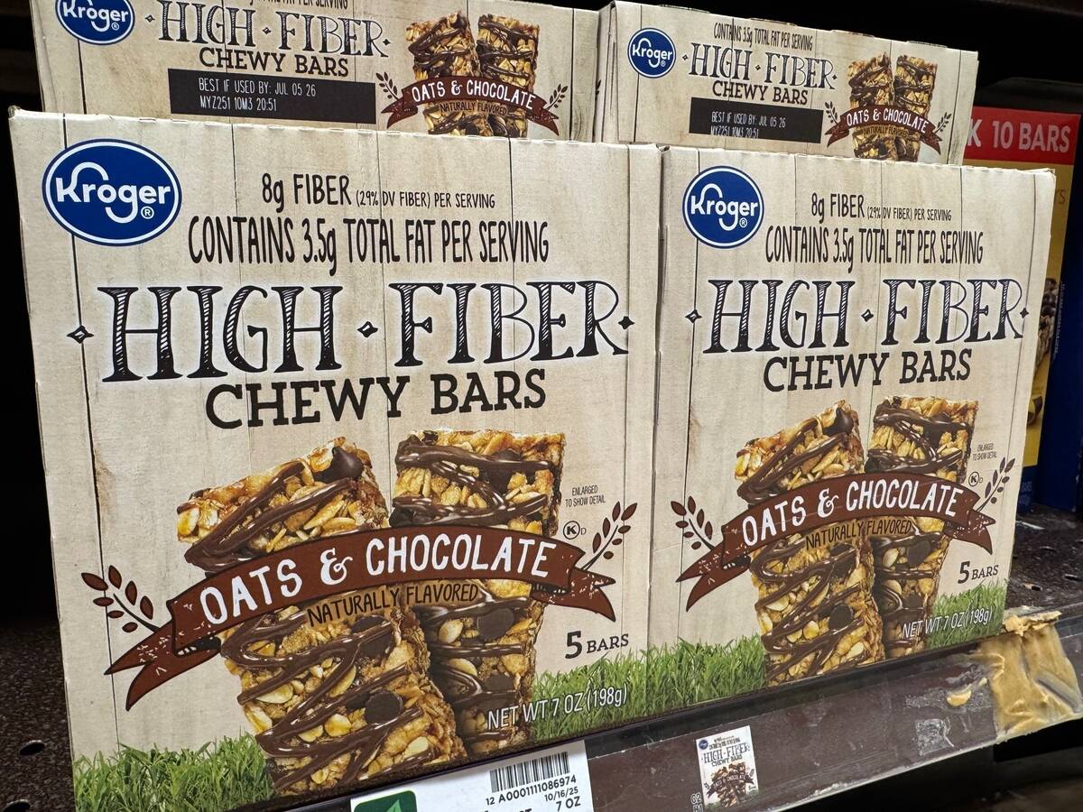Cereal bars promoting fiber sit on a shelf at a Kroger grocery store, in Ann Arbor, Mich., Tues ...