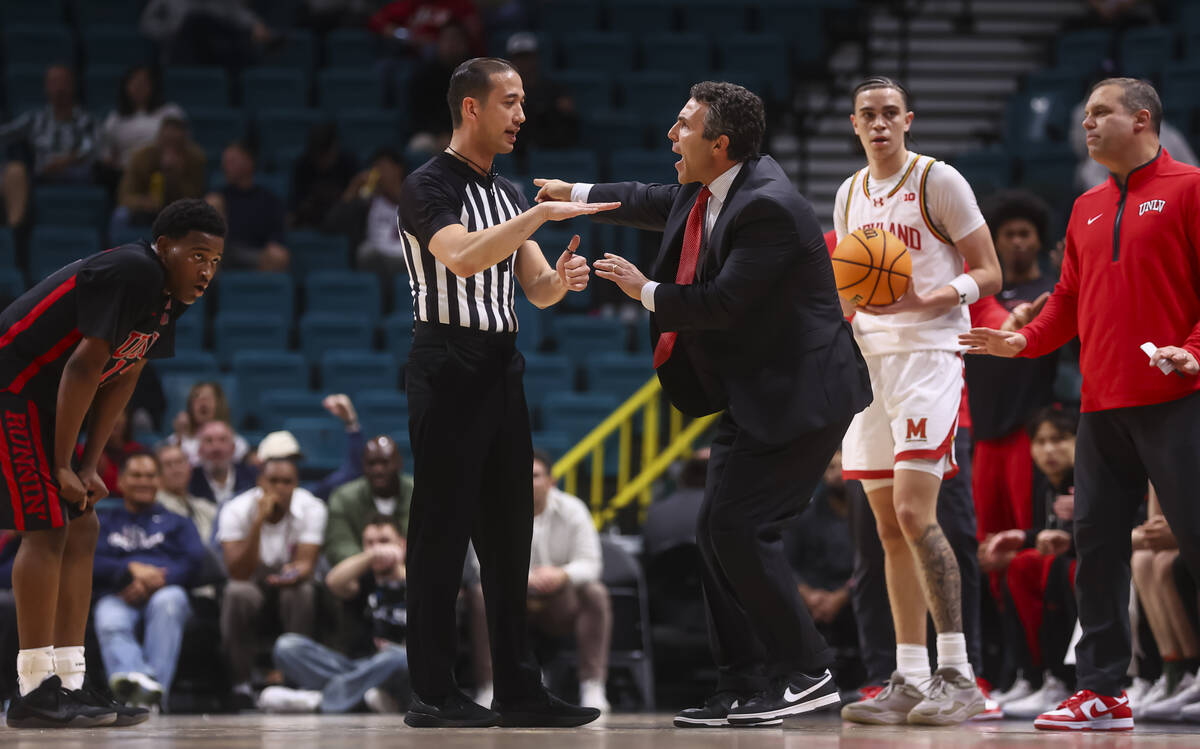 UNLV head coach Josh Pastner argues a call by a referee during the first half of a game against ...