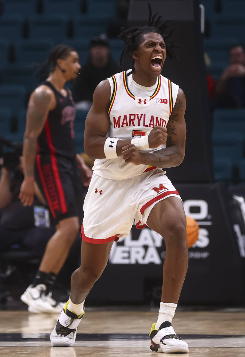 Maryland Terrapins guard Andre Mills (7) reacts after a play against UNLV during the second hal ...