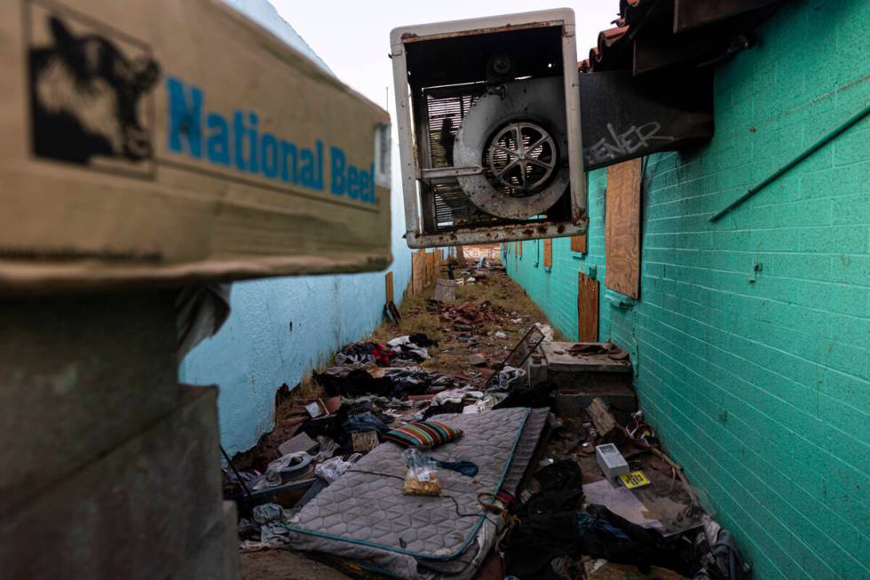 Trash and debris is seen next to the Lucky Motel on Fremont Street by Maryland Parkway on Wedne ...