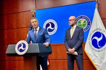 Transportation Secretary Sean Duffy, left, speaks at a news conference with FAA administrator B ...