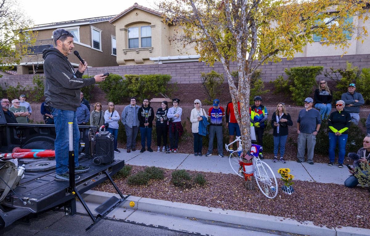 Ghost Bikes Las Vegas founder Pat Treichel speaks during a Ghost Bikes ceremony in honor of sla ...