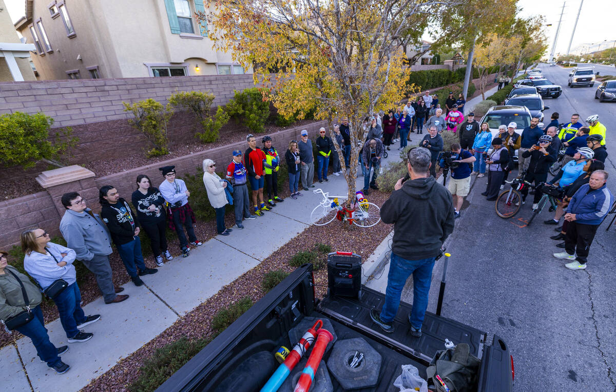 Ghost Bikes Las Vegas founder Pat Treichel speaks during a Ghost Bikes ceremony in honor of sla ...