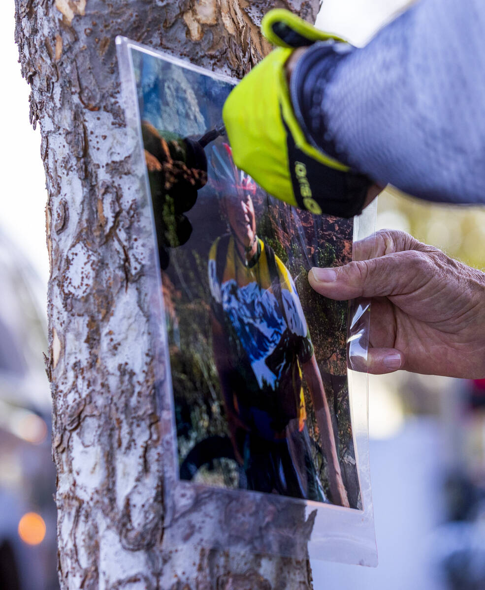 A photo of Wesley Ervin Sterner is attached a tree about the bike placed by Ghost Bikes Las Veg ...