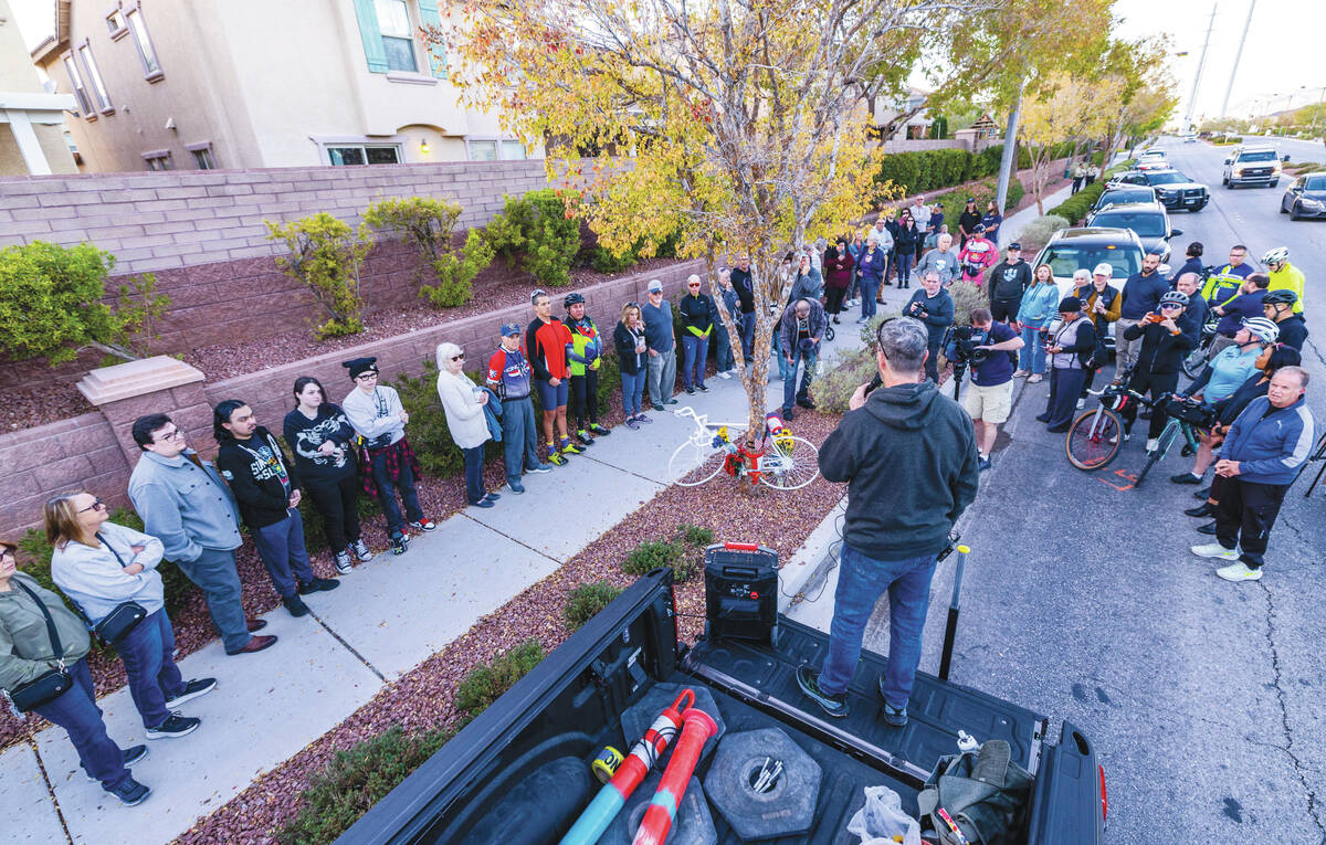 Ghost Bikes Las Vegas founder Pat Treichel speaks during a Ghost Bikes ceremony in honor of sla ...