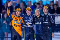 (LtoR) Second place McLaren driver Lando Norris (4), race winner Red Bull driver Max Verstappen ...