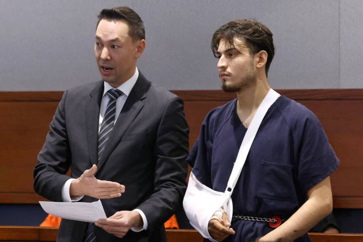 Jose Gutierrez, right, a suspect in Cheyenne and Jones crash that killed two people, listens as ...