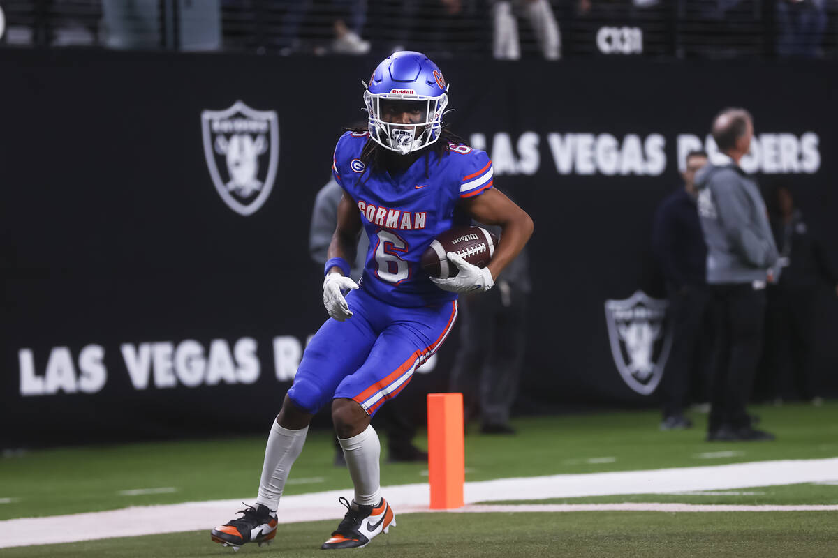 Bishop Gorman wide receiver Massiah Mingo (6) scores a touchdown against Arbor View during firs ...