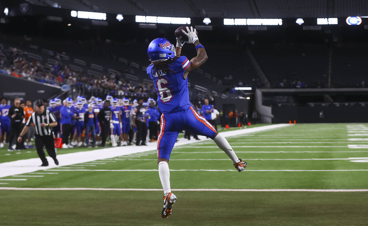 Bishop Gorman wide receiver Massiah Mingo (6) scores a touchdown against Arbor View during the ...
