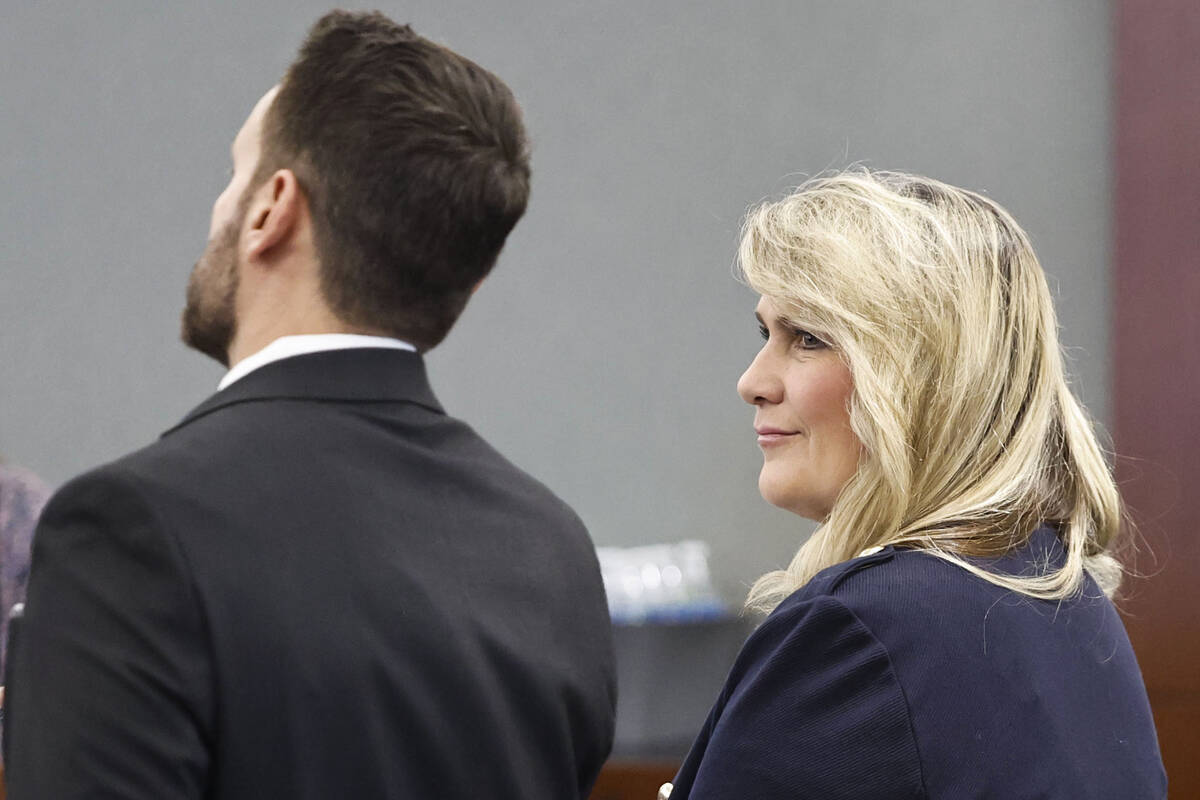 Henderson Councilwoman Carrie Cox, right, appears with defense attorney Josh Tomsheck at her ar ...