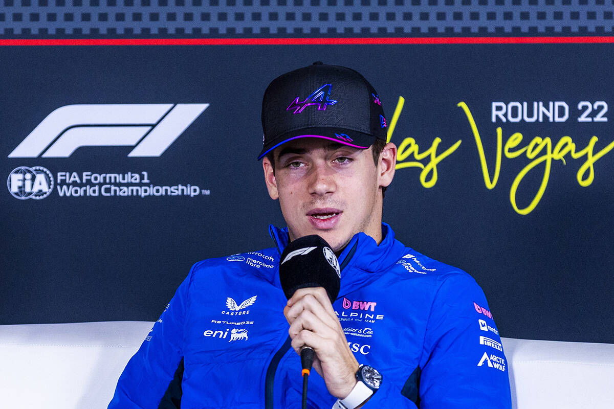 Alpine F1 Team driver Franco Colapinto answers a question during a press conference at the Las ...