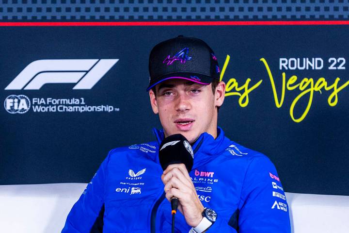 Alpine F1 Team driver Franco Colapinto answers a question during a press conference at the Las ...