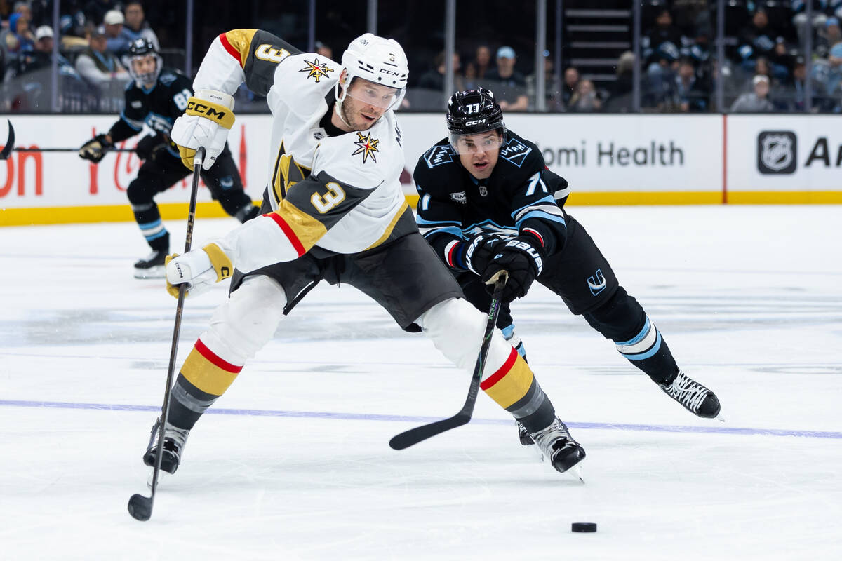 Vegas Golden Knights defenseman Brayden McNabb (3) and Utah Mammoth right wing JJ Peterka, righ ...