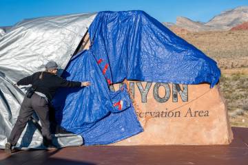 The new Red Rock Canyon Marker North sign is revealed during the opening of an accompanying par ...