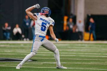 McQueen strong safety Keagan Brenner (5) celebrates a successful sack during first half of the ...