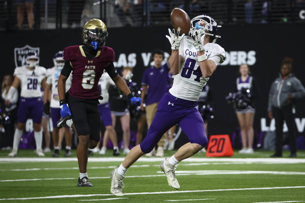 Spanish Springs wide receiver Jackson Sundeen (84) pulls in a pass to make the touchdown past F ...