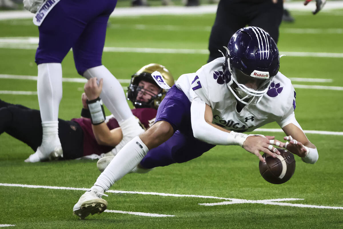 Spanish Springs defensive end Roman Cervantes (17) recovers a forced fumble by Faith Lutheran q ...