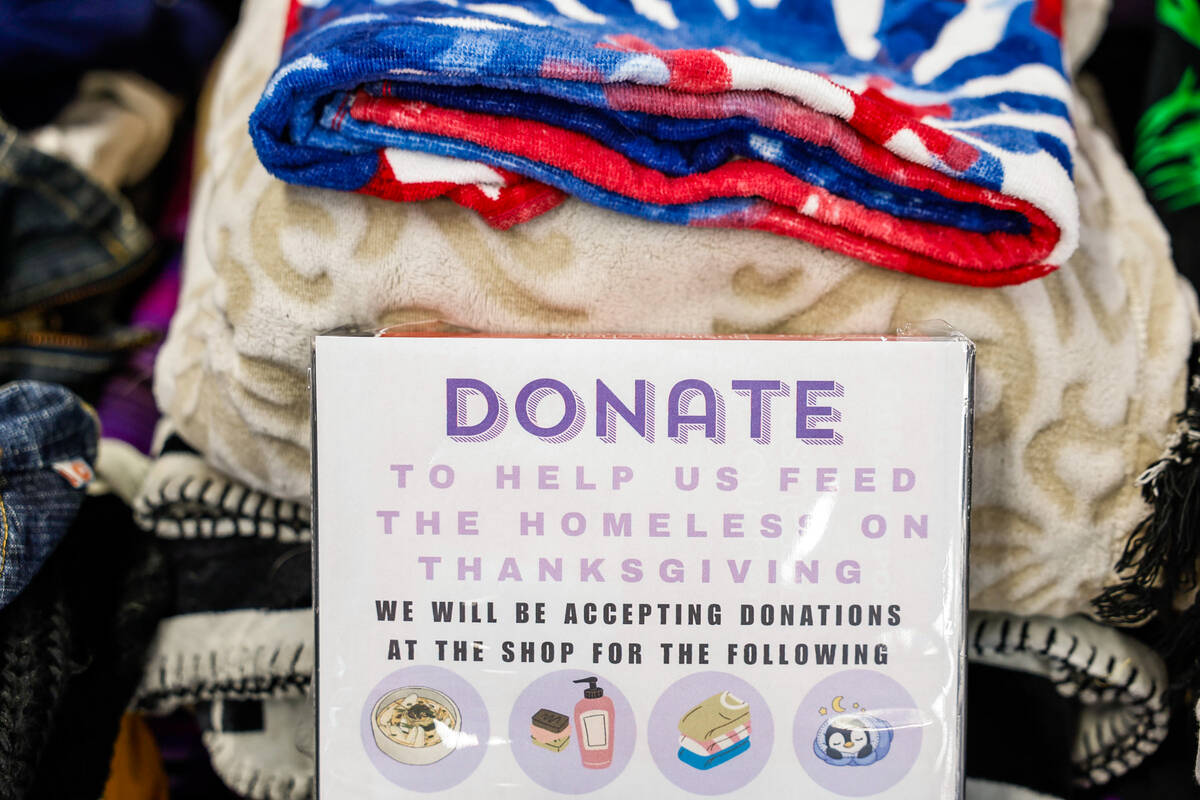 Donated food and supplies are ready to be dispersed at The Honey Pot Wednesday, Nov. 26, 2025, ...