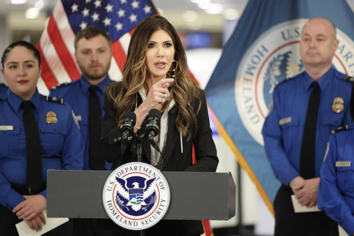 U.S. Homeland Security Secretary Kristi Noem speaks at a news conference at Harry Reid Internat ...
