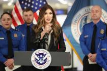 U.S. Homeland Security Secretary Kristi Noem speaks at a news conference at Harry Reid Internat ...