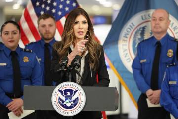 U.S. Homeland Security Secretary Kristi Noem speaks at a news conference at Harry Reid Internat ...