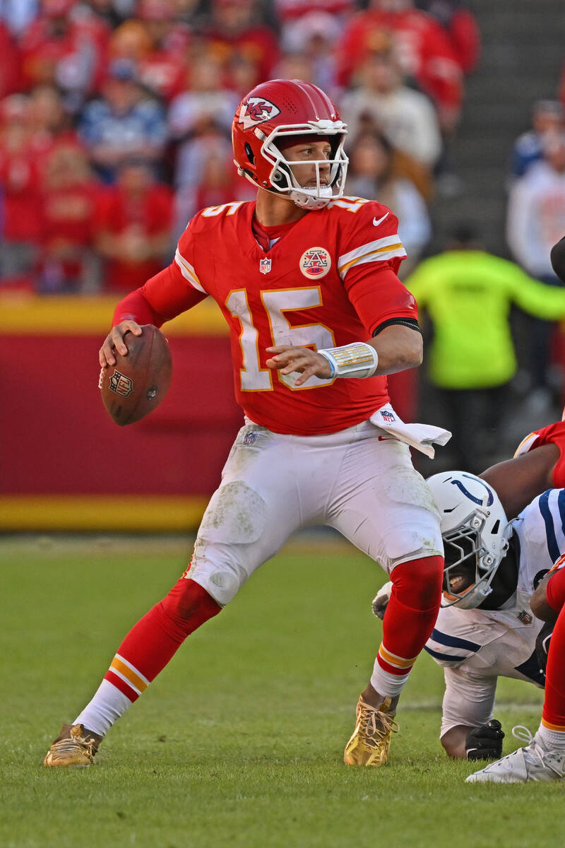 Kansas City Chiefs quarterback Patrick Mahomes (15) throws a pass during an NFL football game a ...