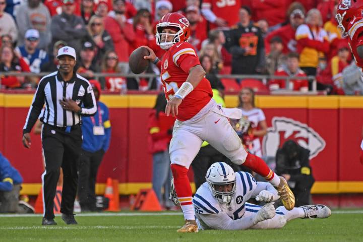 Kansas City Chiefs quarterback Patrick Mahomes (15) throws a pass during an NFL football game a ...