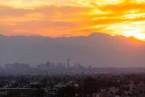 The downtown skyline is seen as as the sun sets on Tuesday, Aug. 5, 2025, in Las Vegas. (Chase ...