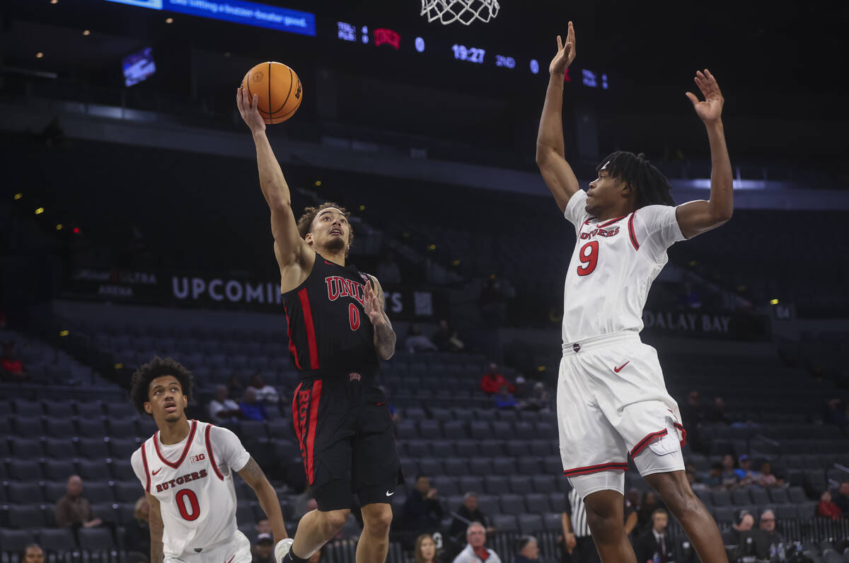 UNLV guard Dravyn Gibbs-Lawhorn (0) shoots against Rutgers forward Dylan Grant (9) during the f ...