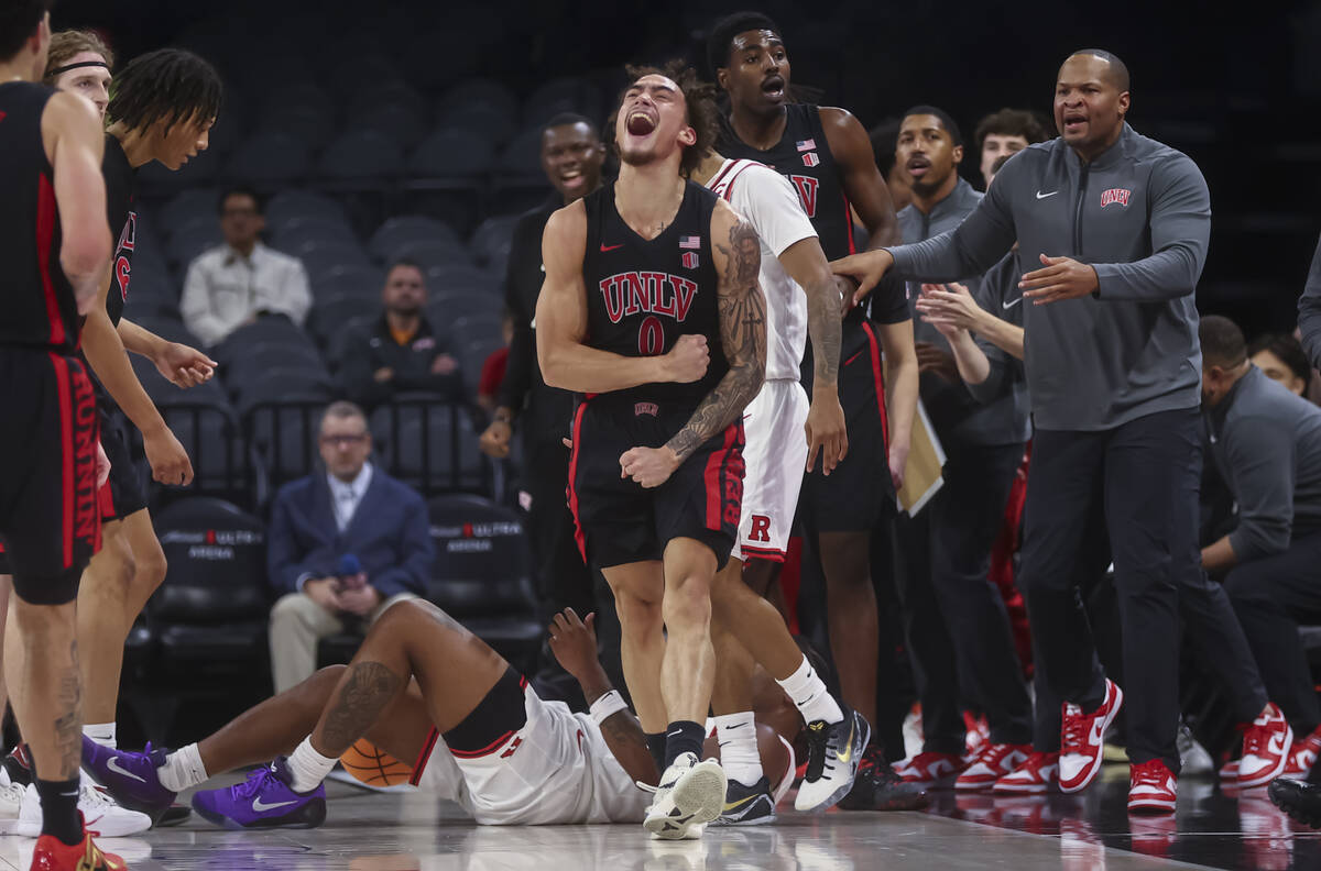 UNLV guard Dravyn Gibbs-Lawhorn (0) reacts after a play against Rutgers during the first half o ...