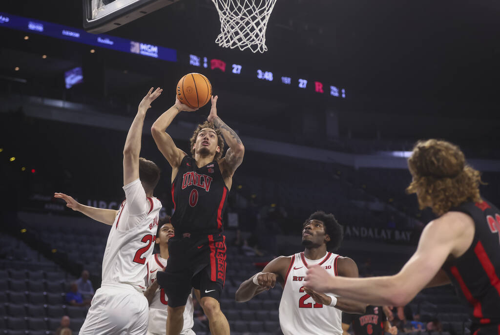 UNLV guard Dravyn Gibbs-Lawhorn (0) shoots against Rutgers during the first half of a game in t ...