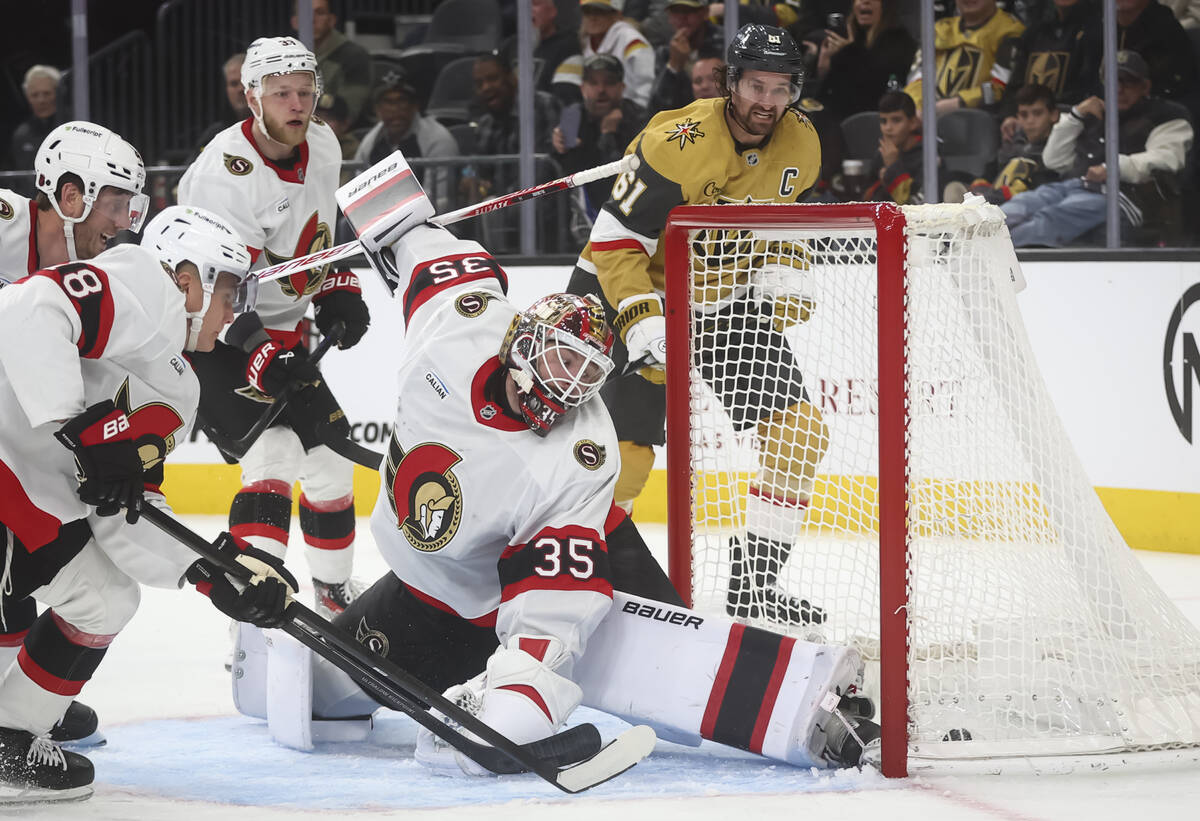 Golden Knights right wing Mark Stone (61) scores past Ottawa Senators goaltender Linus Ullmark ...