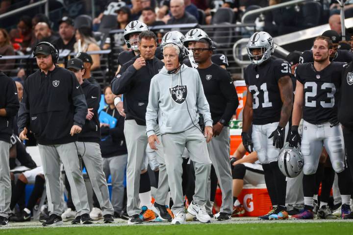 Raiders head coach Pete Carroll looks on during the first half of an NFL game against the Cleve ...