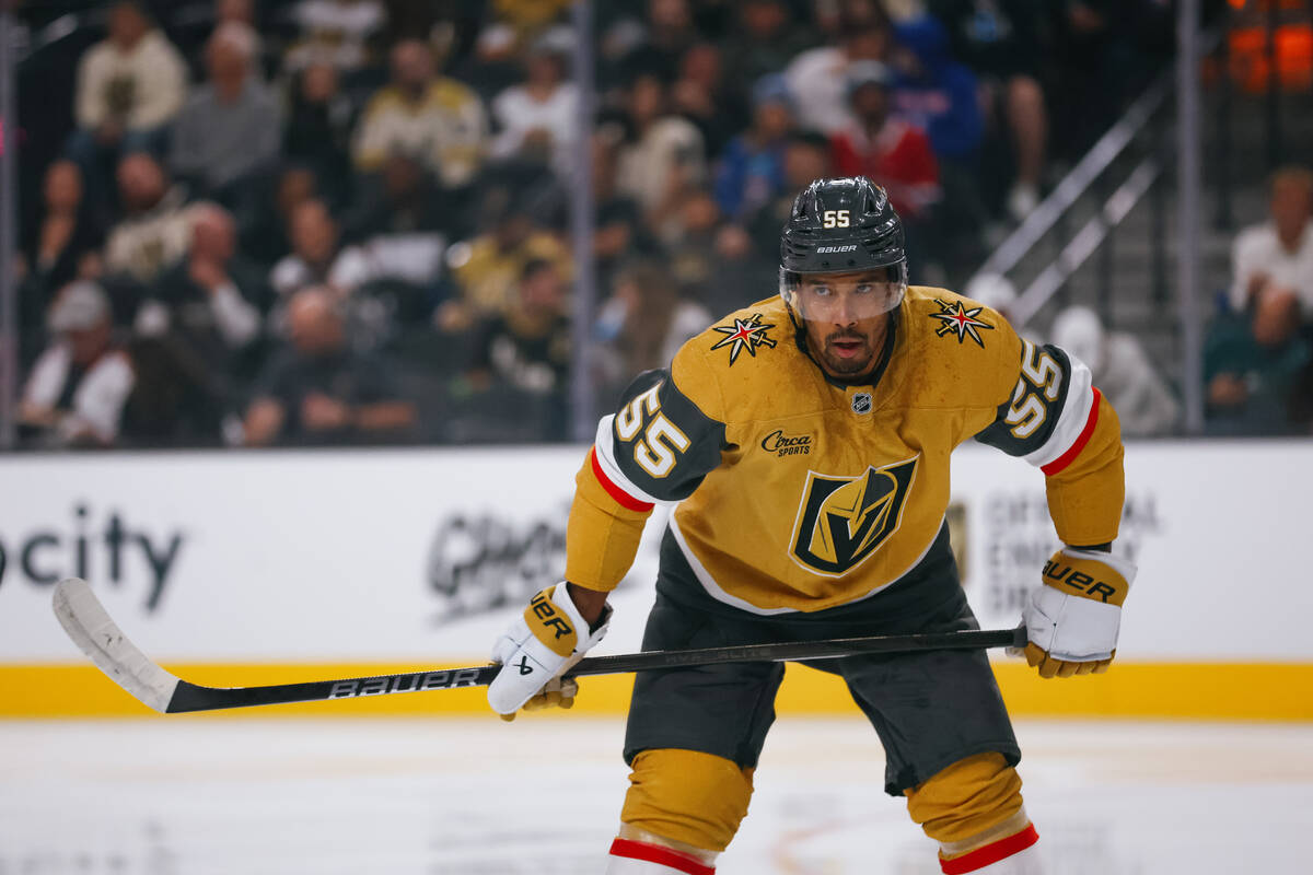 Golden Knights right wing Keegan Kolesar (55) waits for a puck drop during the first period of ...