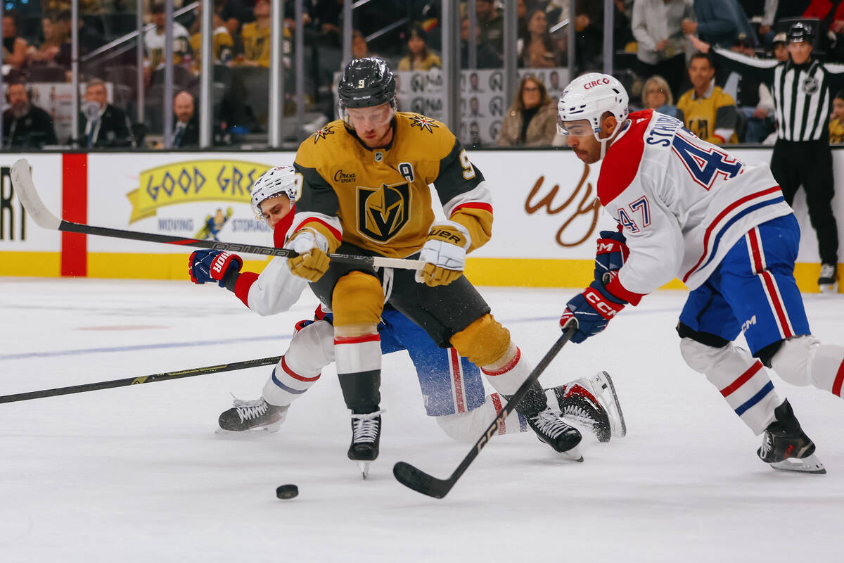 Golden Knights center Jack Eichel (9) and Montréal Canadiens defenseman Jayden Struble (47 ...