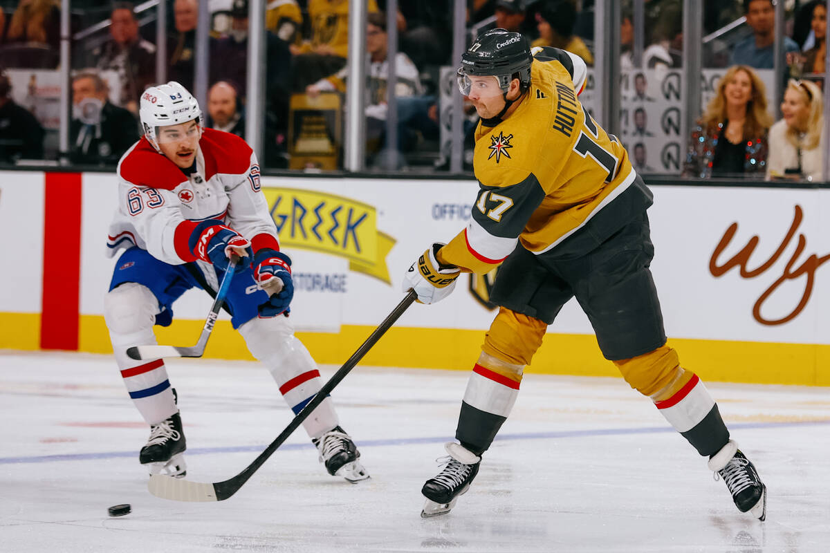 Golden Knights defenseman Ben Hutton (17) passes to a teammate as Montréal Canadiens left ...