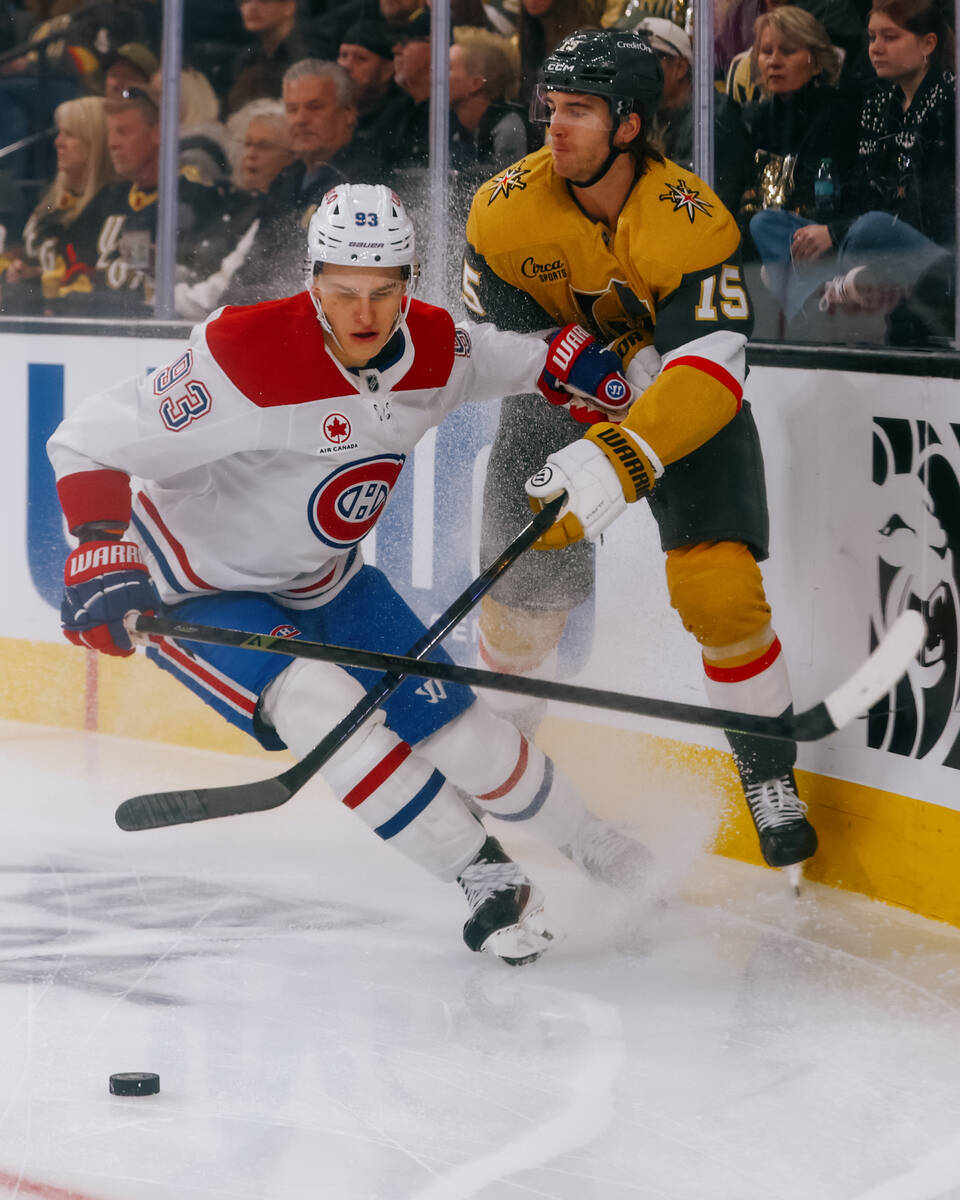 Montréal Canadiens right wing Ivan Demidov (93) pushes Golden Knights defenseman Noah Hani ...