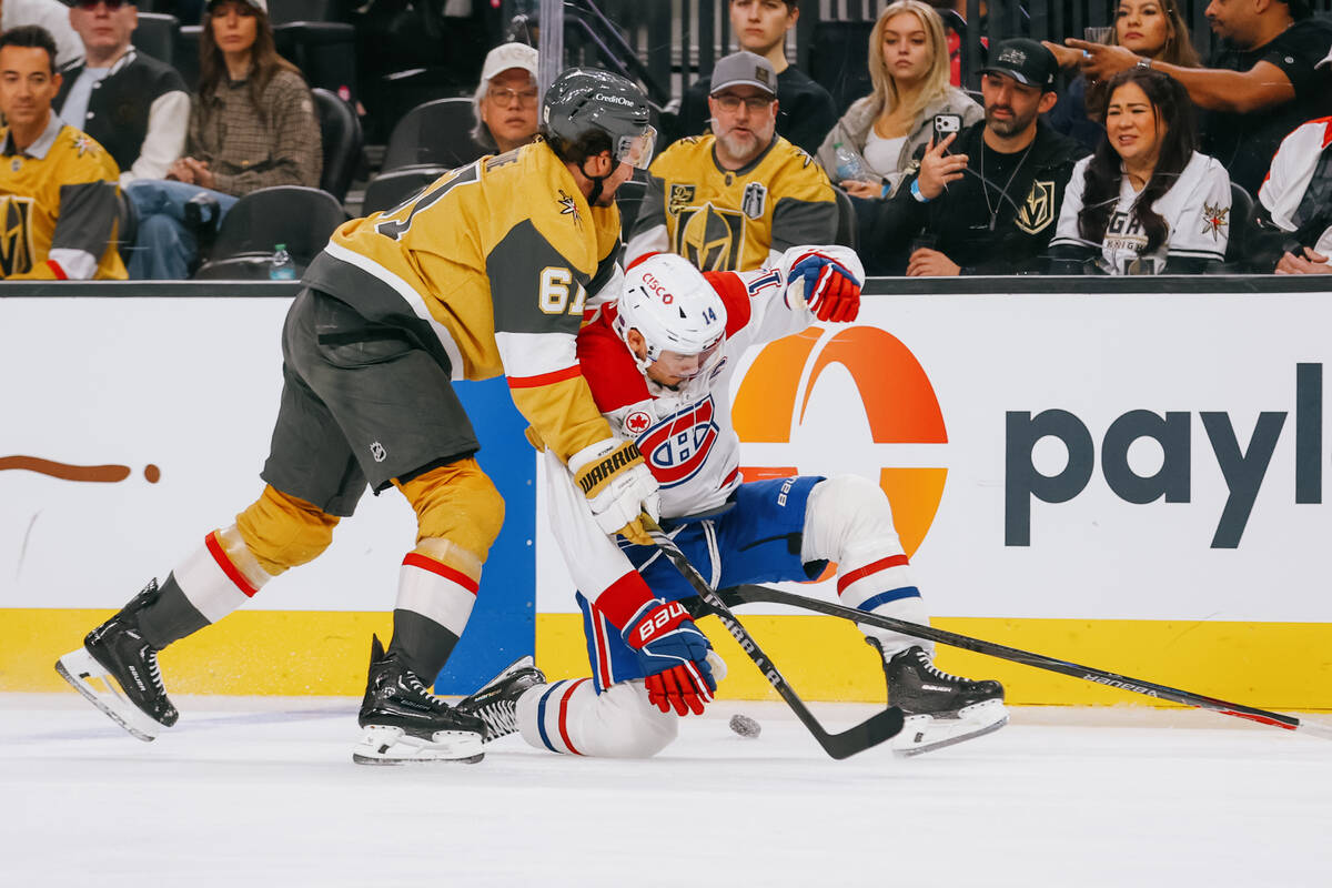 Golden Knights right wing Mark Stone (61) and Montréal Canadiens center Nick Suzuki (14) c ...