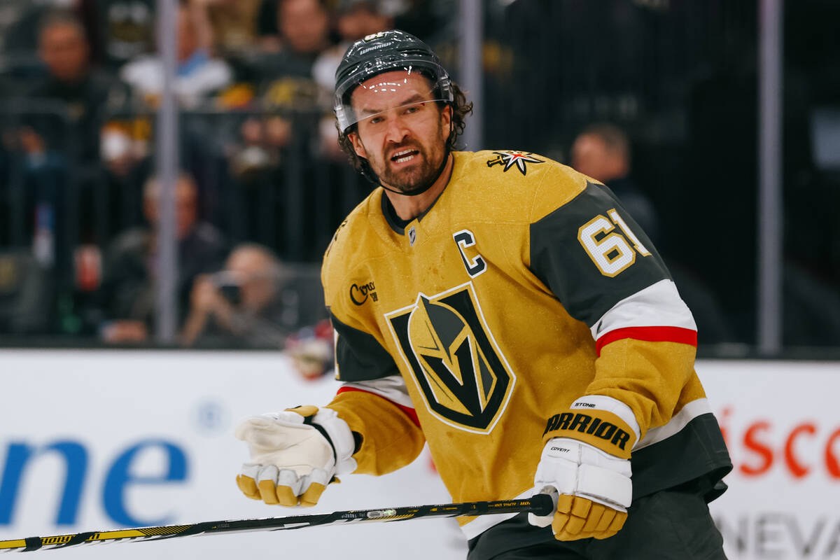 Golden Knights right wing Mark Stone (61) looks toward the referee during the second period of ...
